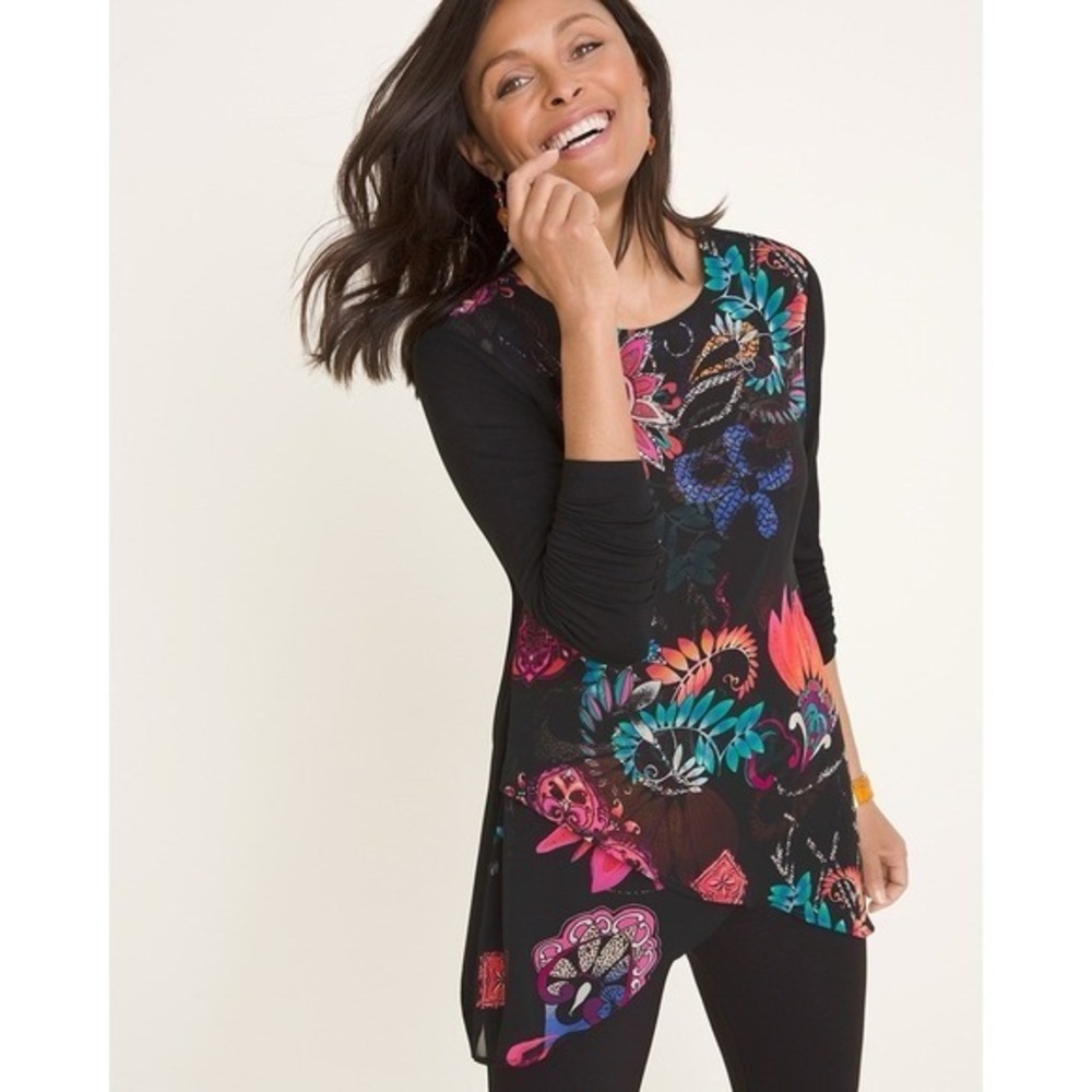 CHICO'S Women Small (0)‎ Floral Tulip Hem Black Shirt from "Hustlers" Paisley